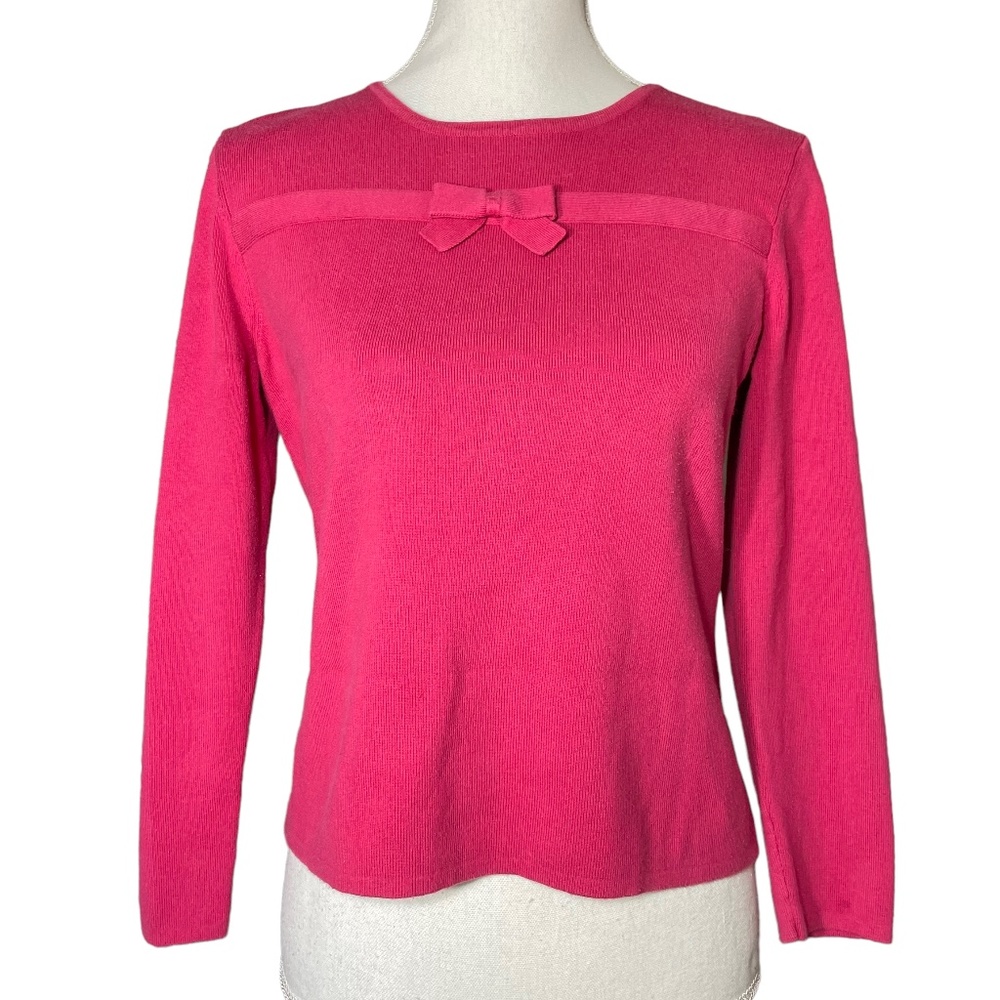 Hot Pink Bow Sweater PL Petite L Barbie Barbiecore Cotton 3/4 Sleeve Crew Neck